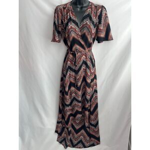 Veronica M Chevron Wrap Hi Low Dress Brown Black Size S Boho Aztec Short Sleev